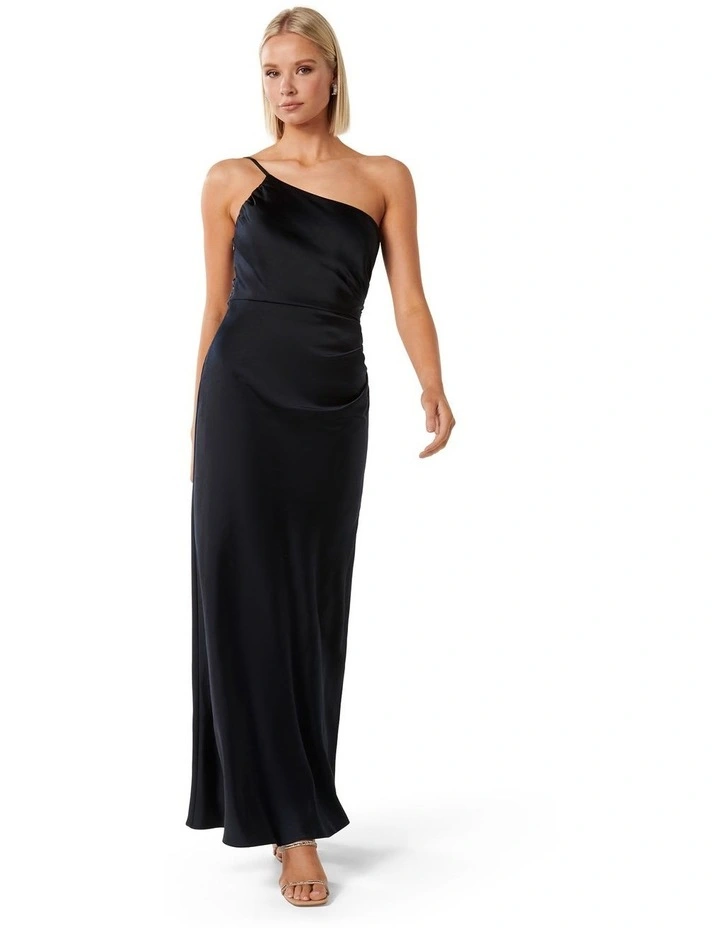 Kelly One Shoulder Satin Maxi Dress in Navy image 1