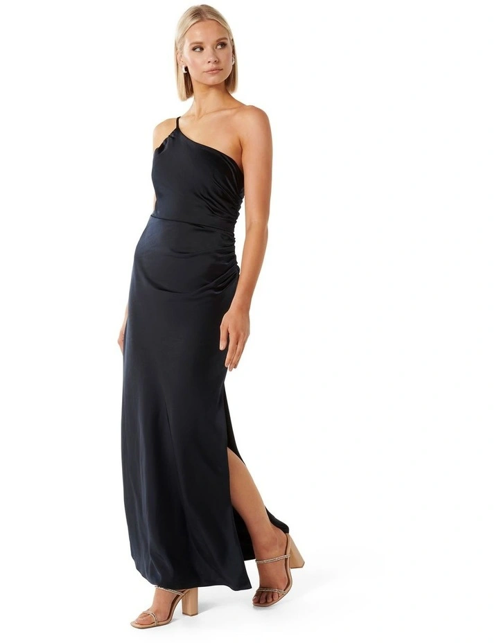 Kelly One Shoulder Satin Maxi Dress in Navy image 3