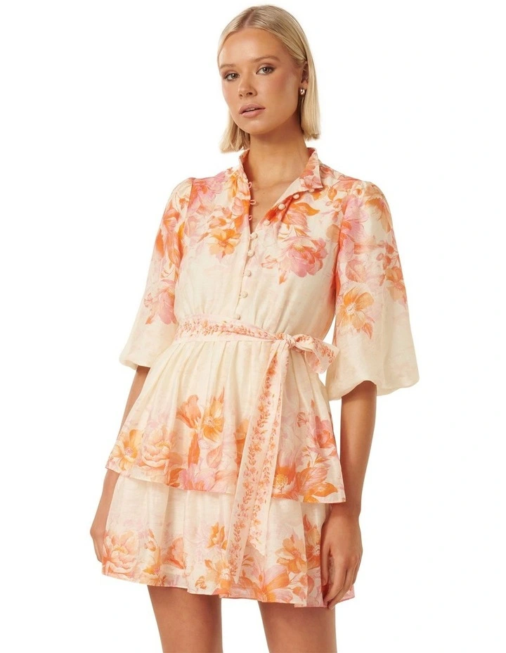Isla Printed Tiered Mini Dress in Orange image 1