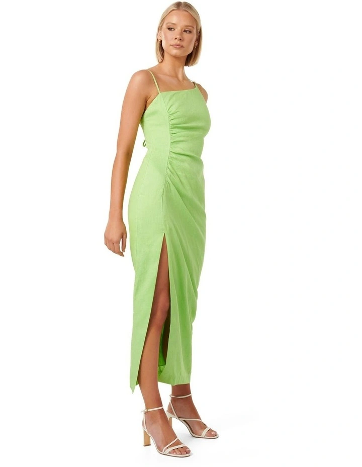 Darcy Bead Detail Linen Midi Dress in Green image 3