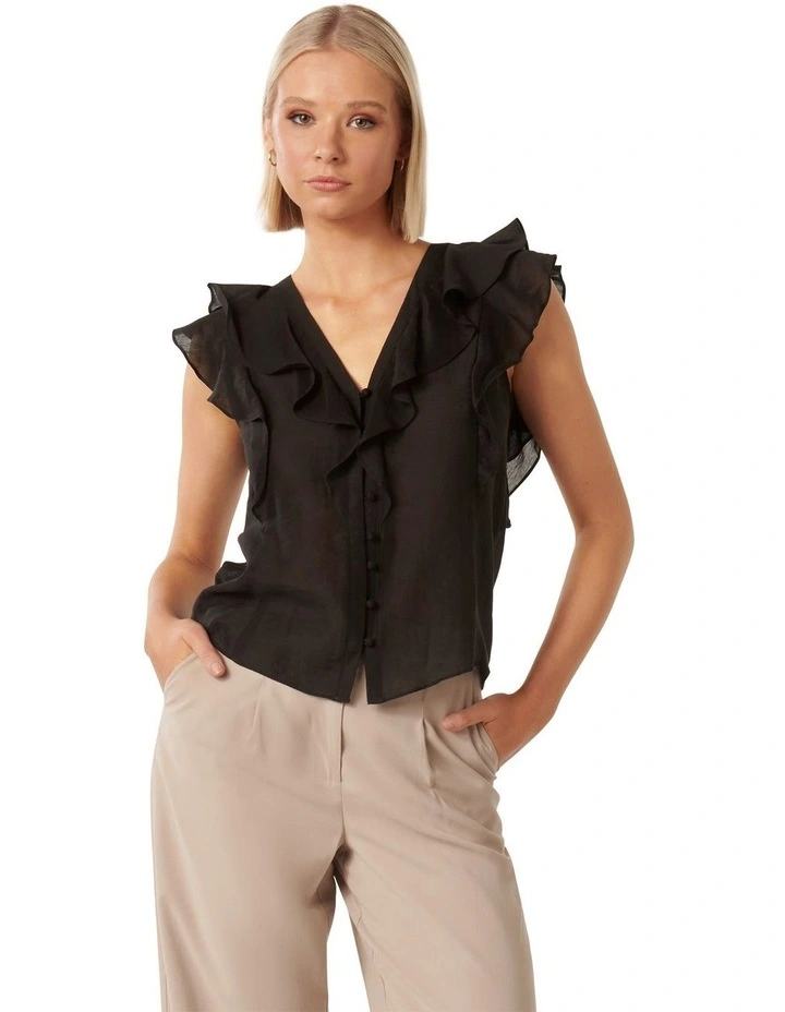 Roma Ruffle Button Through Blouse in Black image 1
