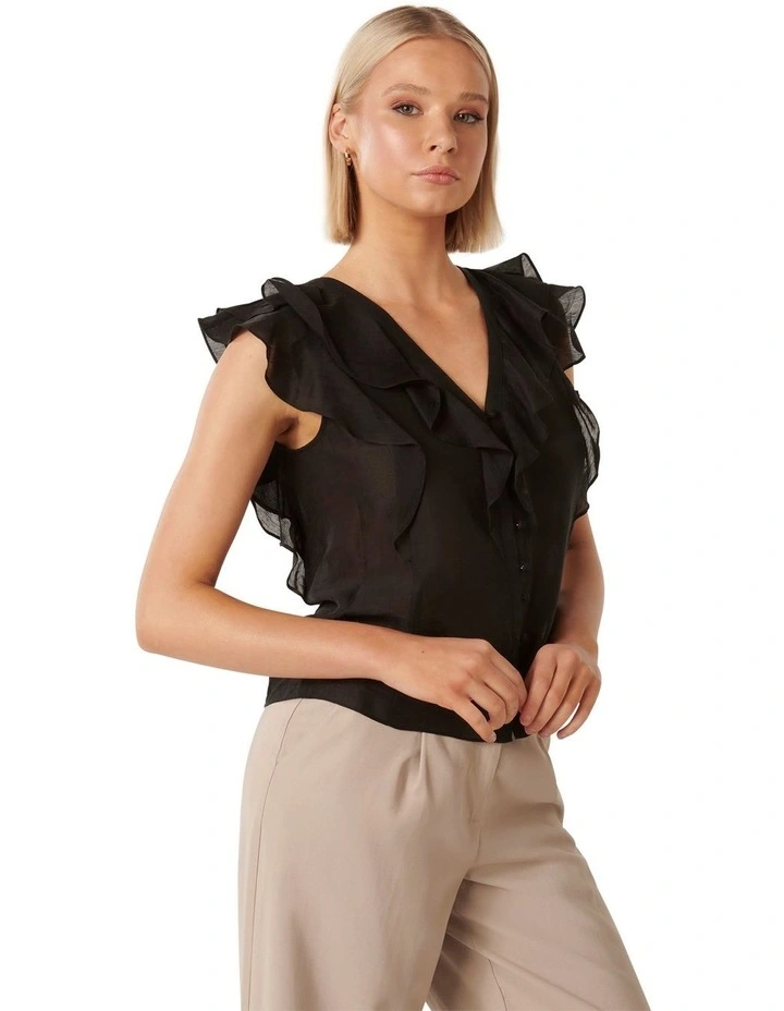 Roma Ruffle Button Through Blouse in Black image 3
