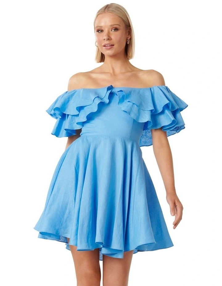 Ellie Linen Ruffle Mini Dress in Blue image 1