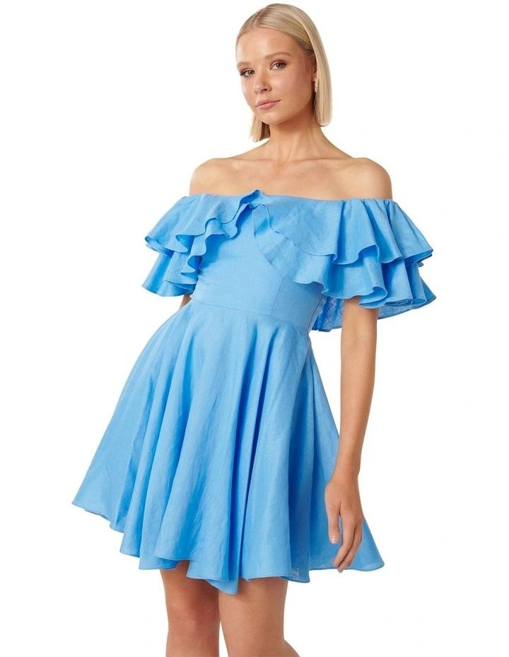 Ellie Linen Ruffle Mini Dress in Blue image 3