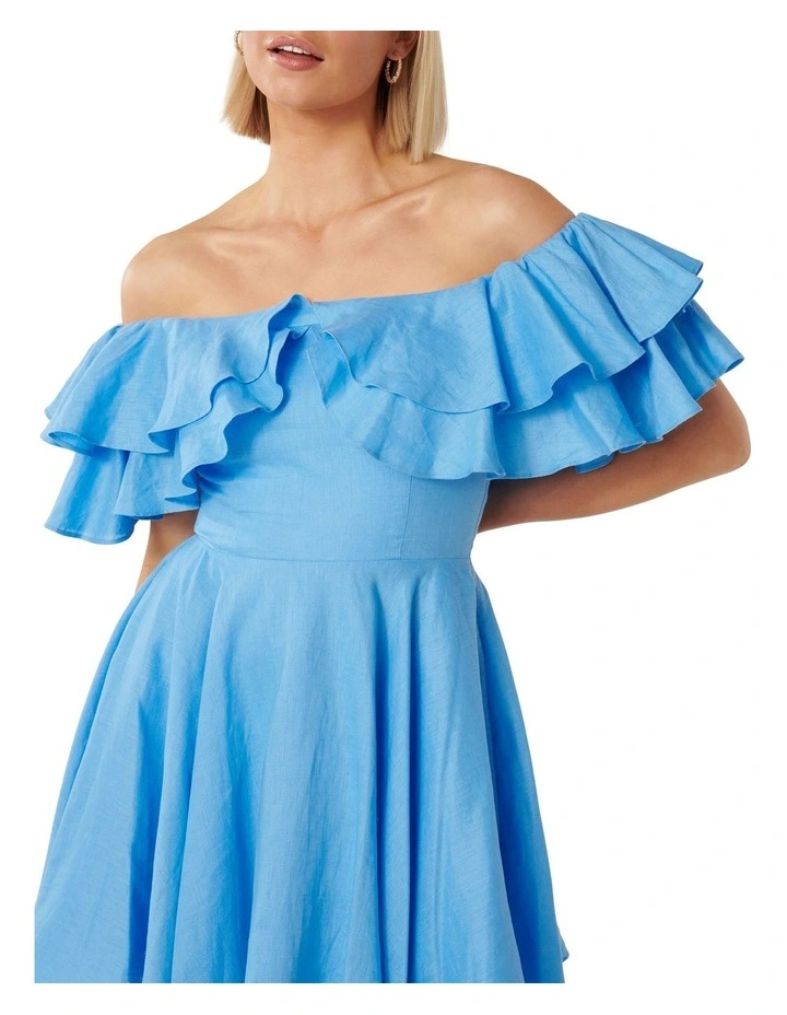 Ellie Linen Ruffle Mini Dress in Blue image 4