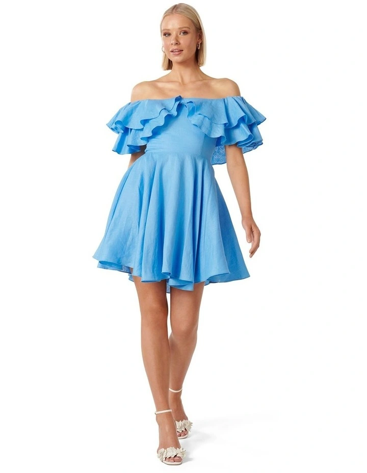 Ellie Linen Ruffle Mini Dress in Blue image 5