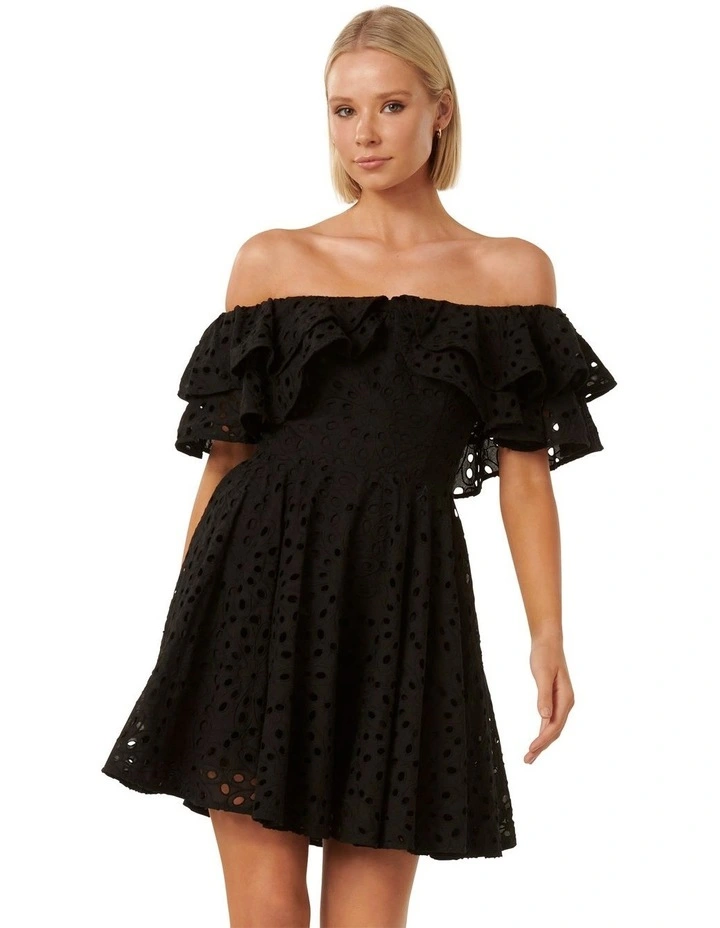 Ellie Broderie Ruffle Mini Dress in Black image 1