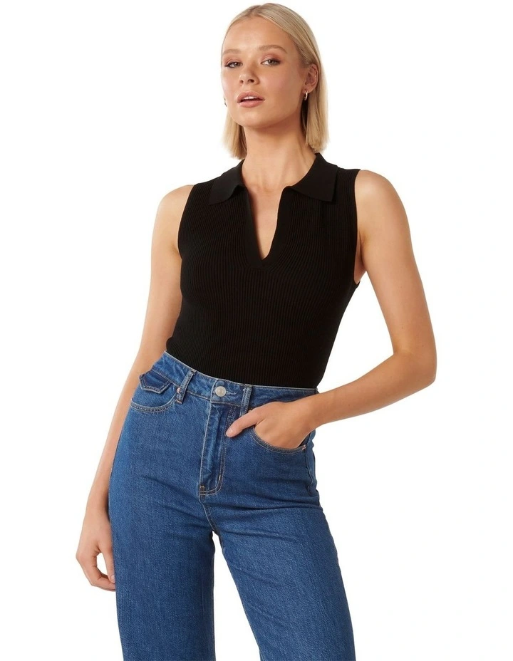 Amanda Collar Rib Knit Top in Black image 1