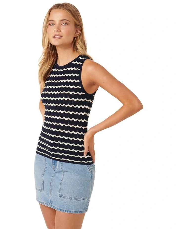 Tallula Striped Racer Knit Tank Top in Navy image 3