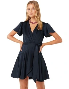 Madeline Flutter Sleeve Satin Mini Dress in Navy