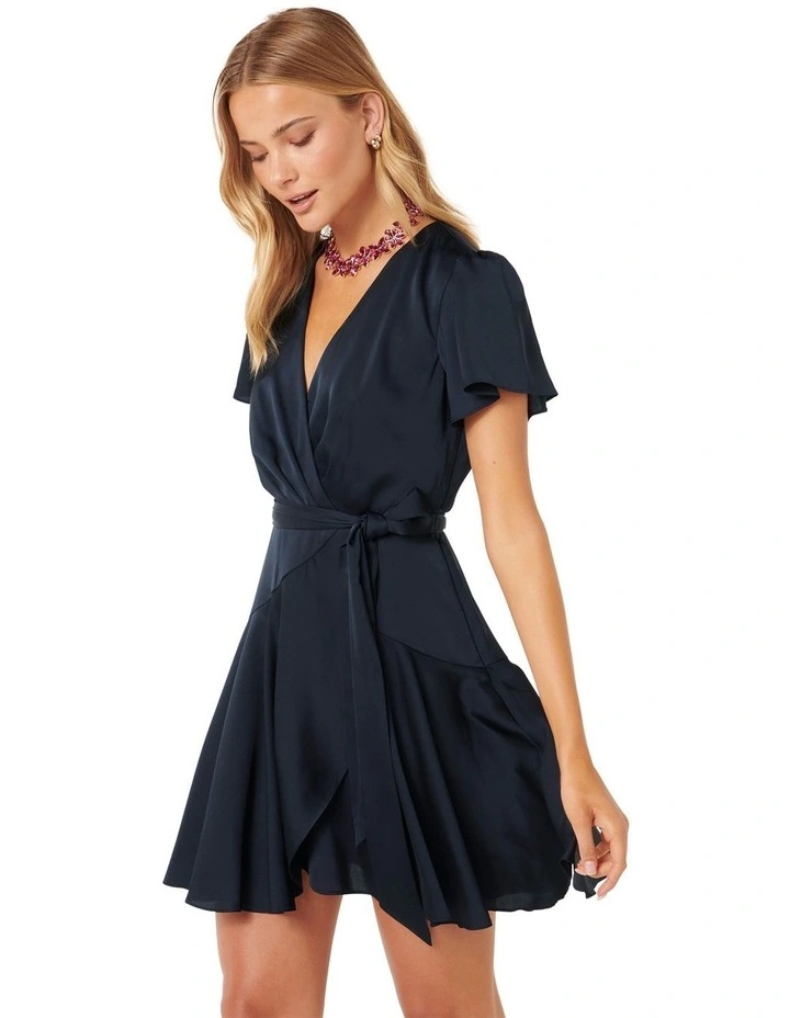 Madeline Flutter Sleeve Satin Mini Dress in Navy image 3