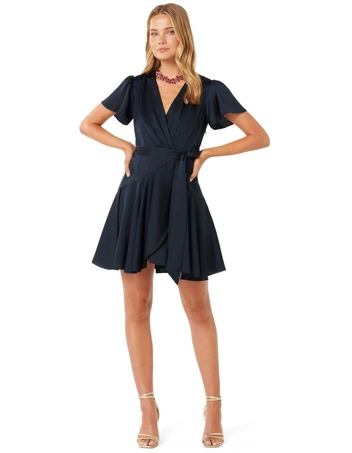 Madeline Flutter Sleeve Satin Mini Dress in Navy image 5
