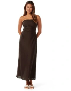 Stephanie Linen One Sleeve Midi Dress in Brown