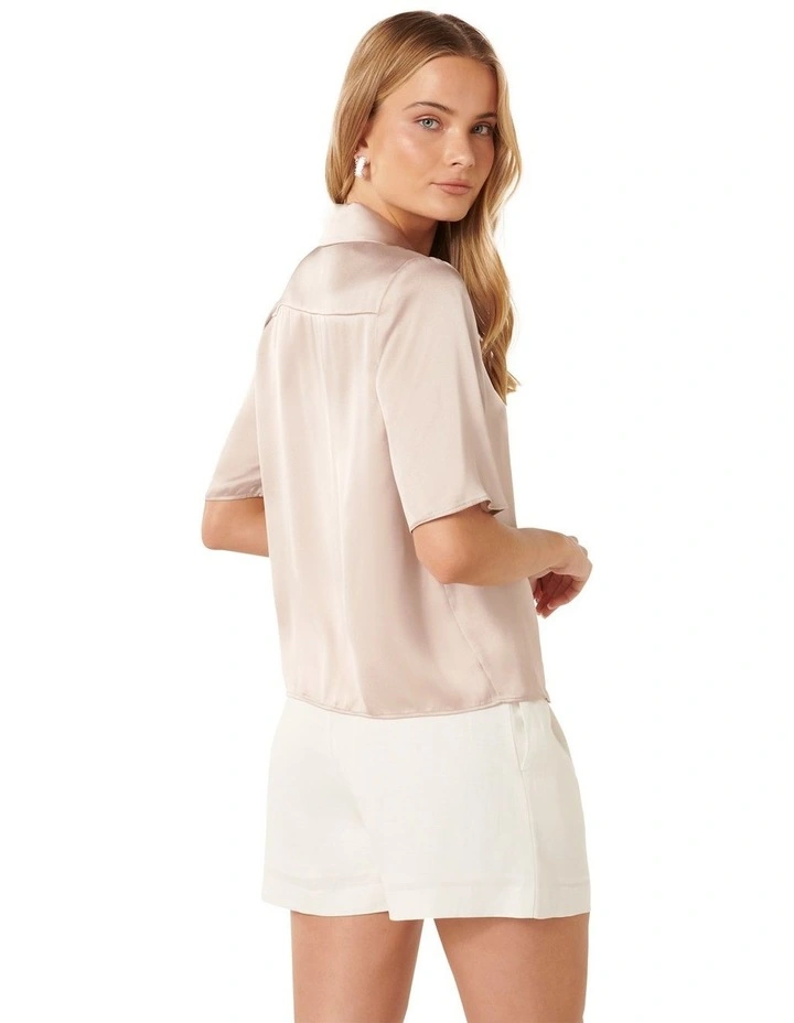 Mercedes Short Sleeve Satin Shirt in Beige image 2