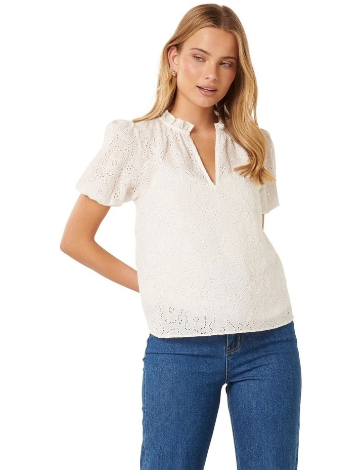 Tottie Short Sleeve Broderie Top in White image 1