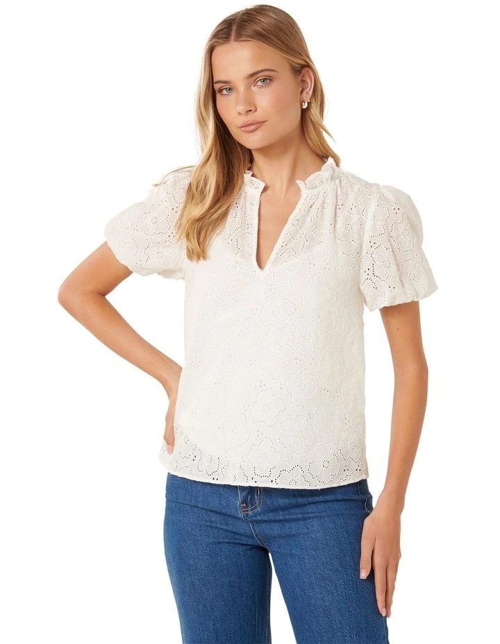 Tottie Short Sleeve Broderie Top in White image 3