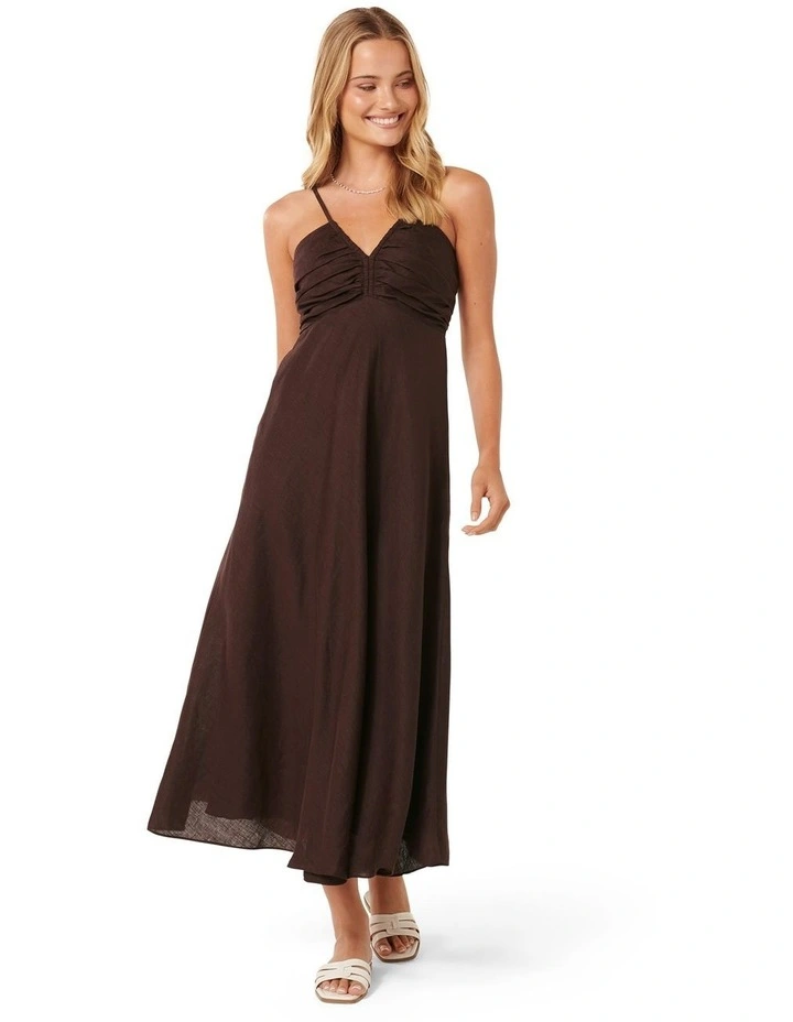 Ava Pleated Bodice Midi Dress in Brown image 1