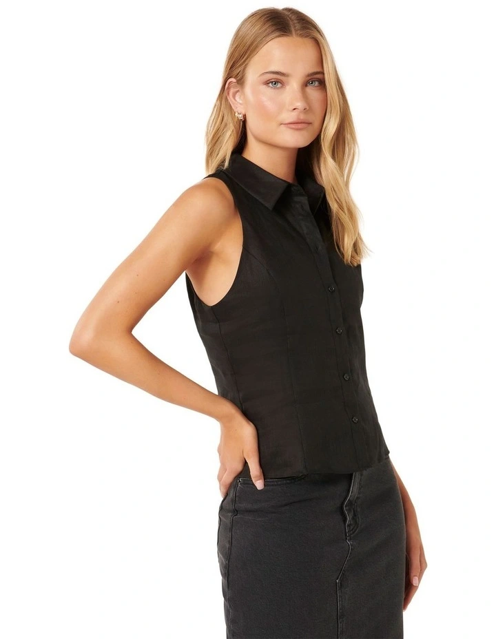 Kathleen Linen Sleeveless Shirt in Black image 3