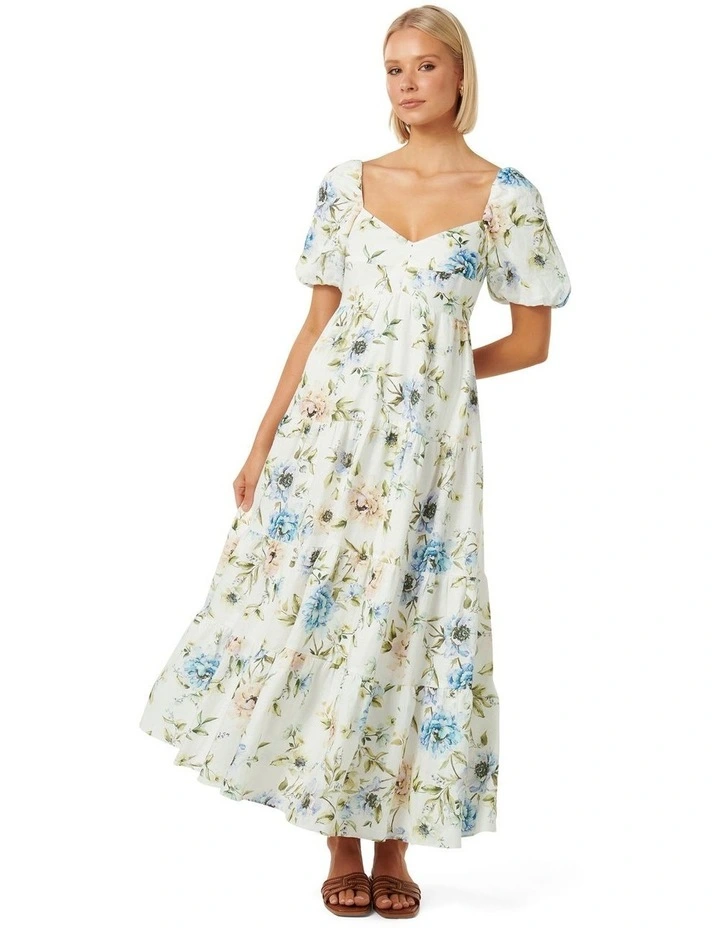 Joy Puff Sleeve Midi Dress in White Floral image 1