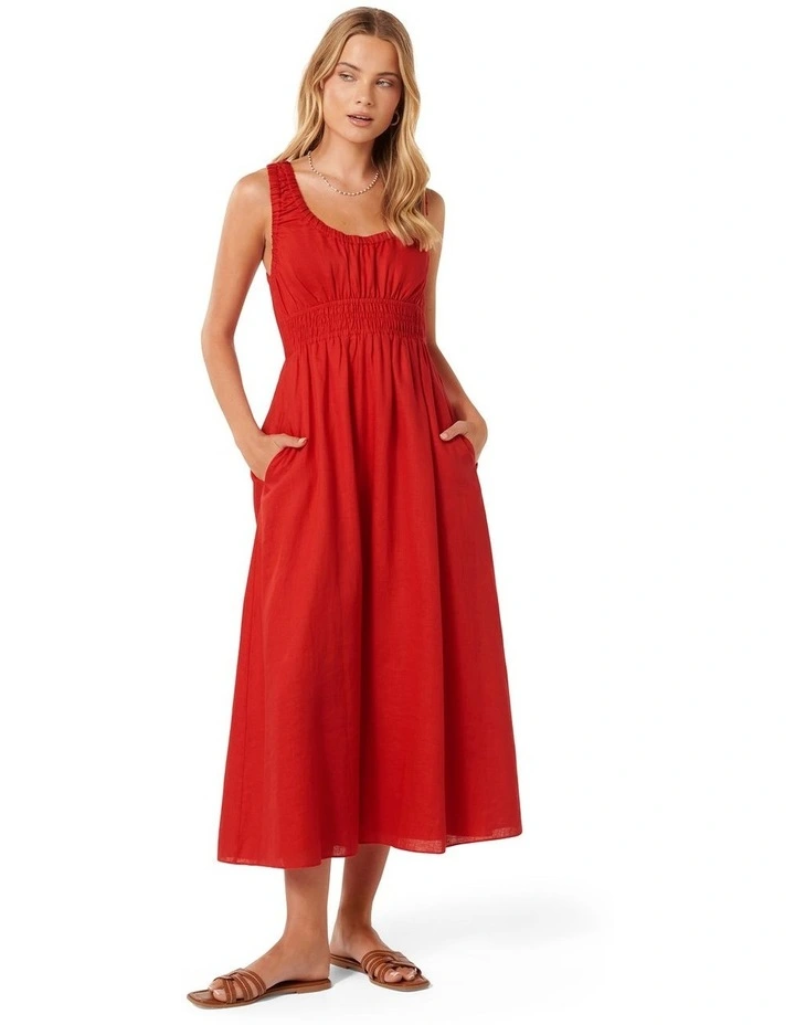 April Gathered Linen Midi Dress in Red image 1