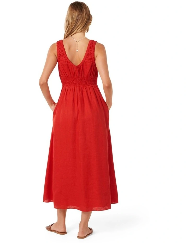 April Gathered Linen Midi Dress in Red image 2