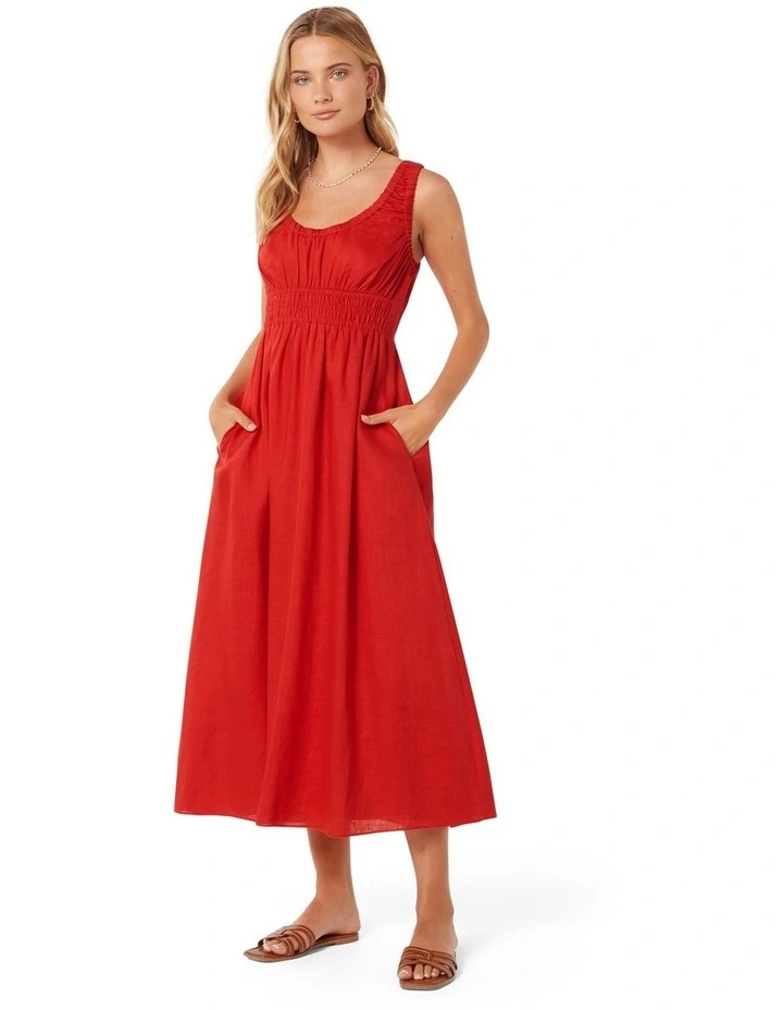 April Gathered Linen Midi Dress in Red image 3