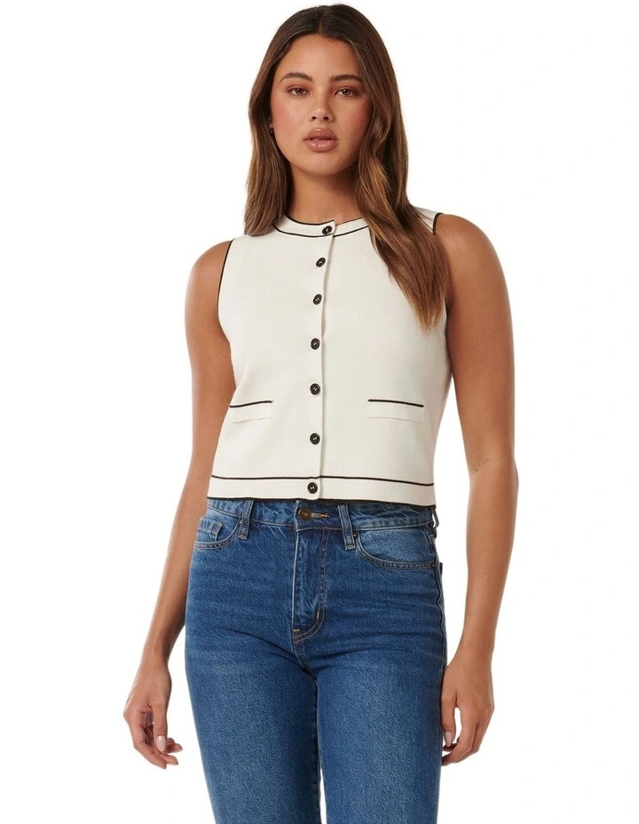 Blythe Tipped Button Through Knit Tank in White image 1