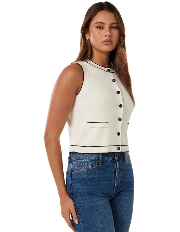 Blythe Tipped Button Through Knit Tank in White image 3