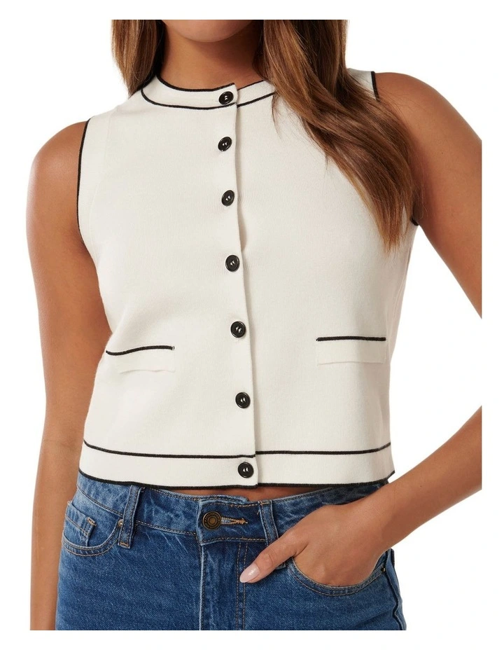 Blythe Tipped Button Through Knit Tank in White image 4