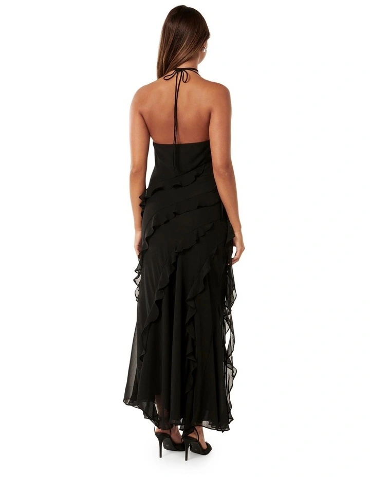 Georgia Ruffle Halter Maxi Dress in Black image 2