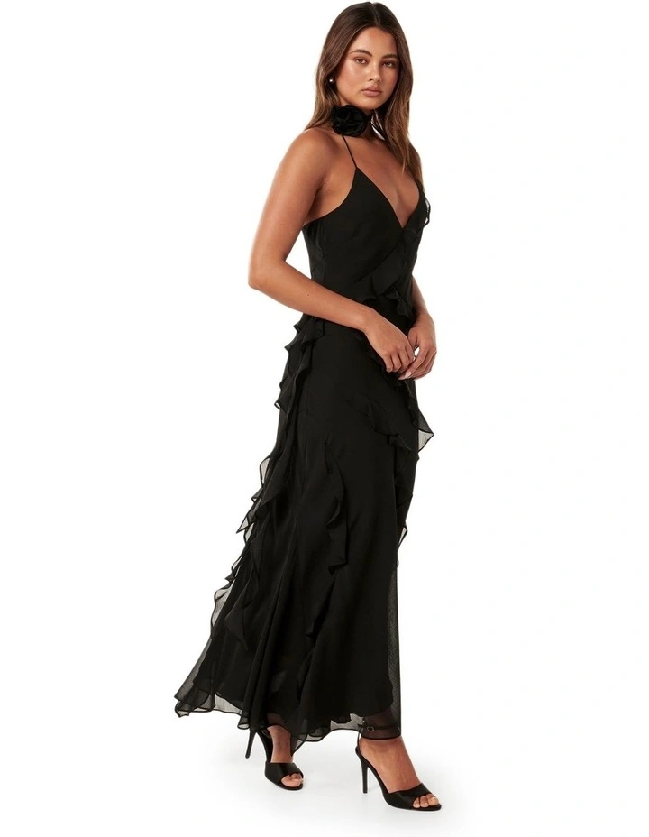 Georgia Ruffle Halter Maxi Dress in Black image 3