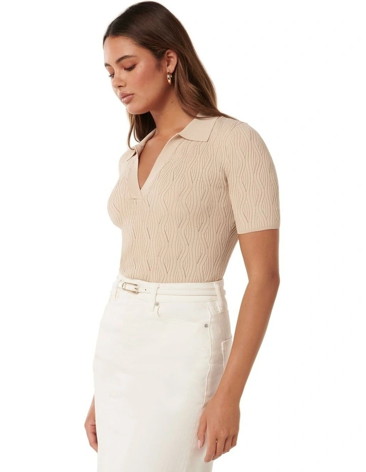 Paris Short Sleeve Textured Knit Top in Beige image 3