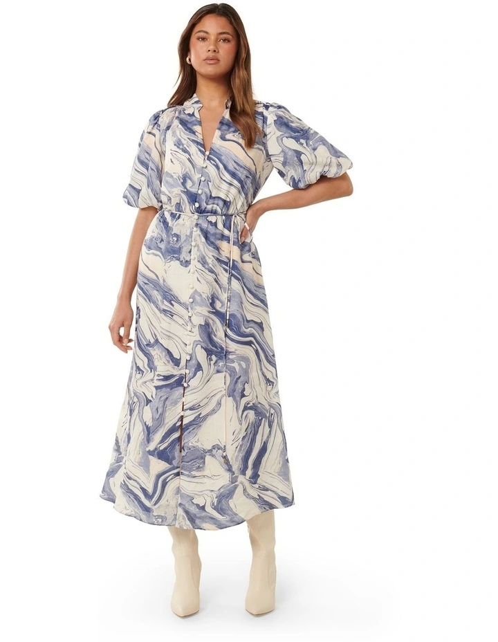 Lora Puff Sleeve Midi Dress in Blue