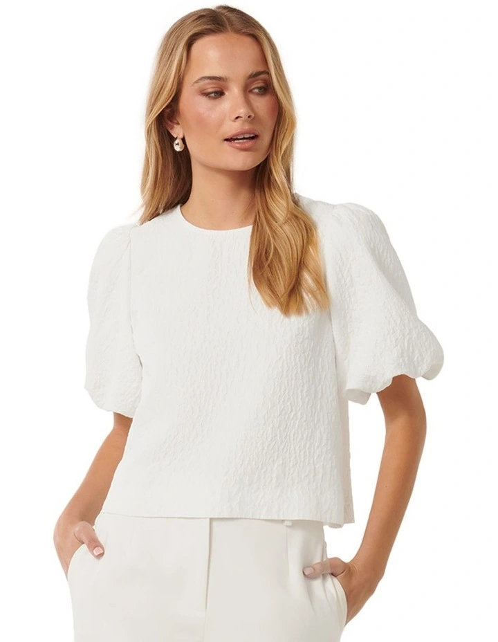 Nara Textured Bubble Sleeve Top in White image 1