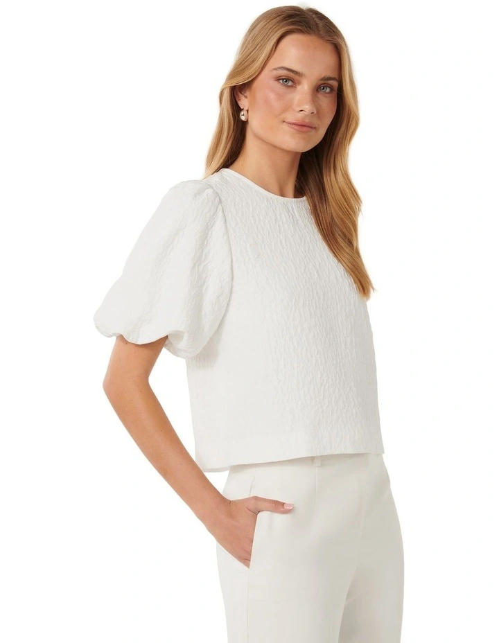 Nara Textured Bubble Sleeve Top in White image 3