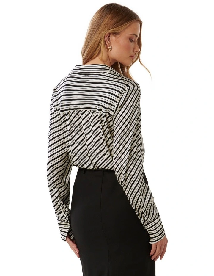 Harvey Notched Neck Satin Shirt in Black Stripe image 2