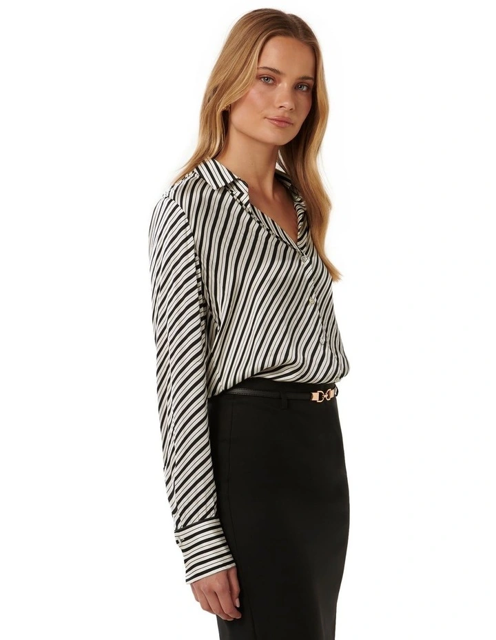 Harvey Notched Neck Satin Shirt in Black Stripe image 3