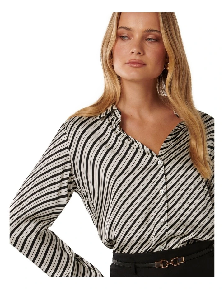Harvey Notched Neck Satin Shirt in Black Stripe image 4
