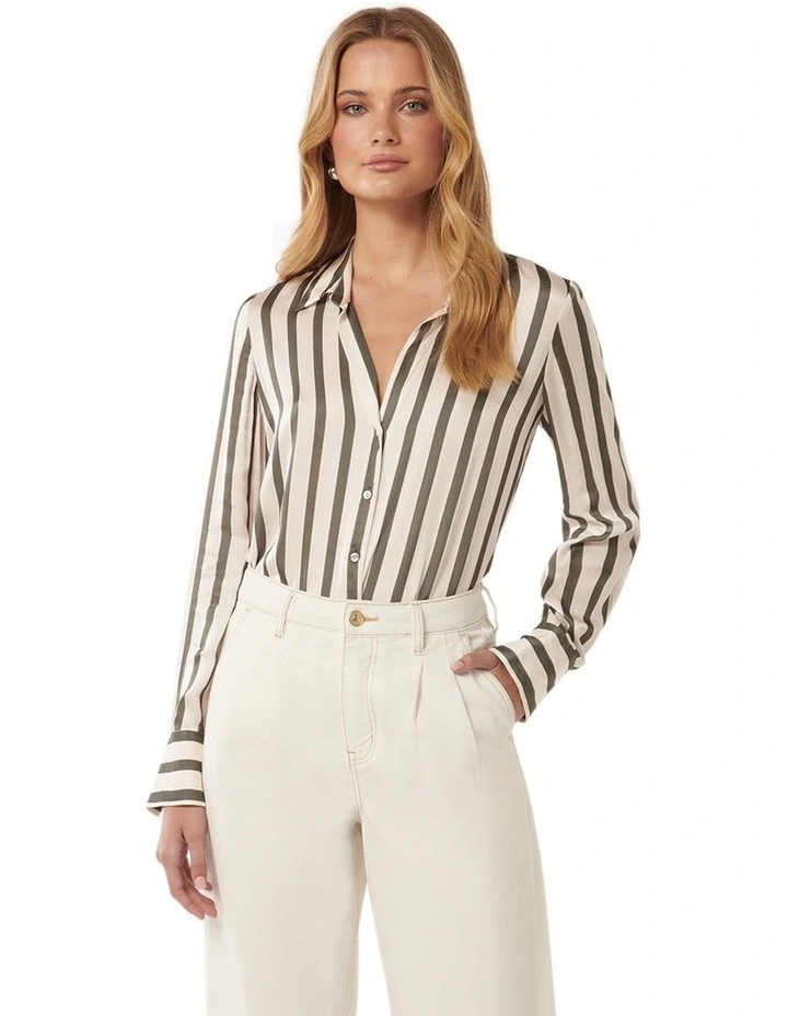 Harvey Notched Neck Satin Shirt in Olive image 1