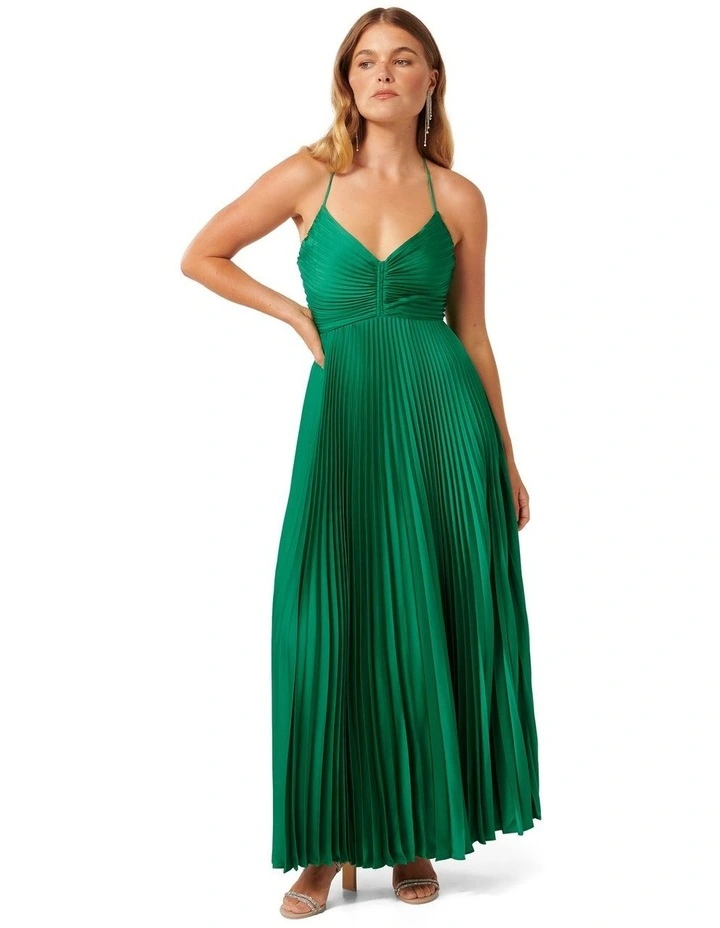 Geri Tie Back Pleated Maxi Dress in Green image 1