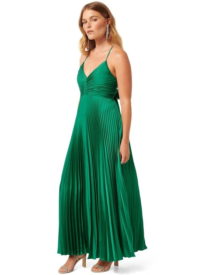 Geri Tie Back Pleated Maxi Dress in Green image 3