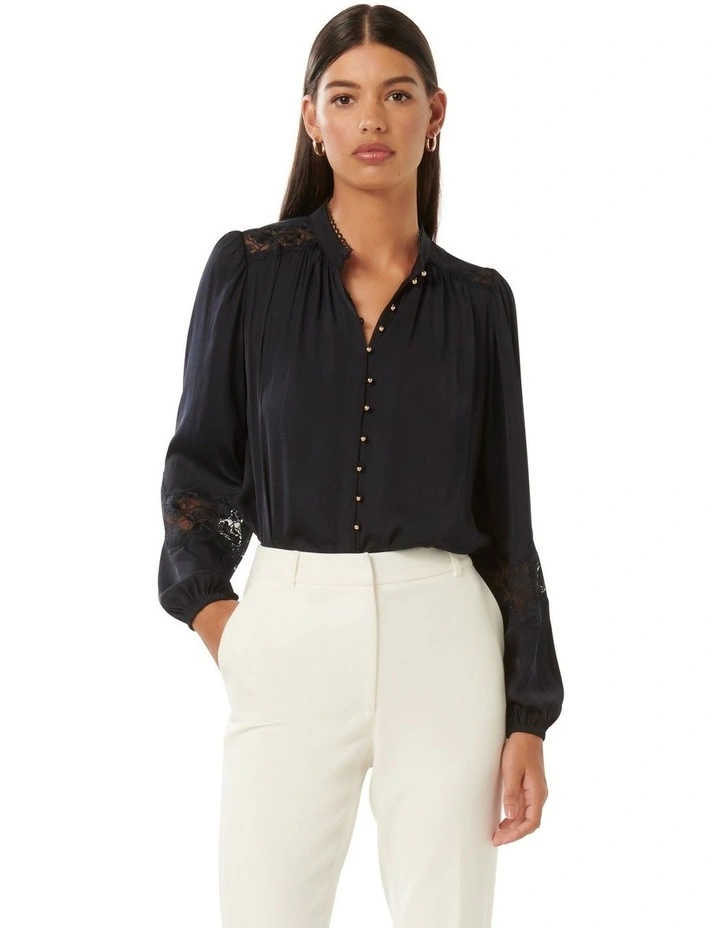 Forever New Annalise Lace Sleeve Blouse In Navy MYER