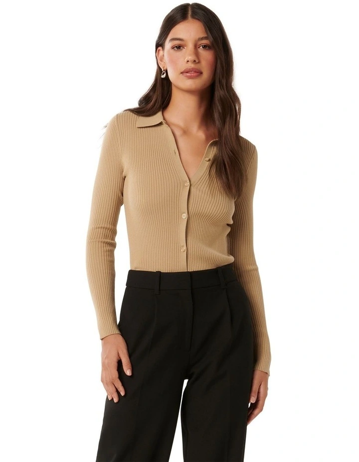 Marlowe Button Through Polo Knit Top in Brown image 1