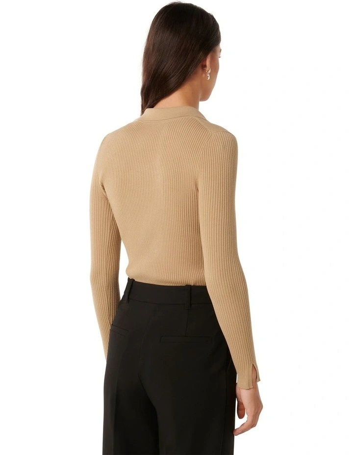 Marlowe Button Through Polo Knit Top in Brown image 2