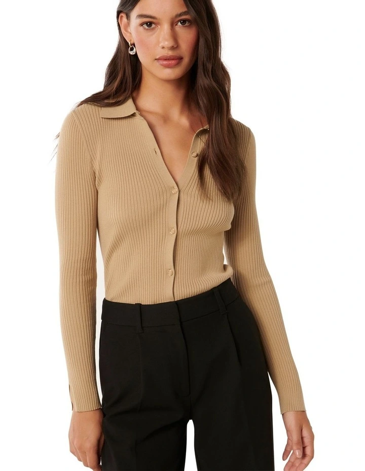 Marlowe Button Through Polo Knit Top in Brown image 4