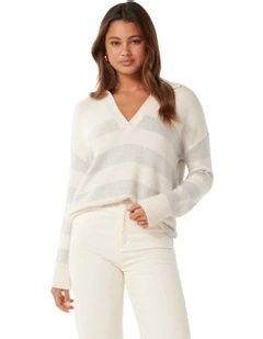 Nicole Striped Polo Collar Jumper in Porcelain/Grey Stripe