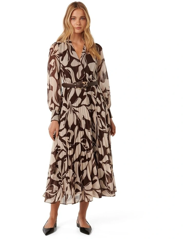 Saskia Pleat Wrap Midi Dress in Brown image 1