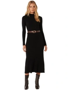 Luisa Fit and Flare Belted Midi Dress in Black