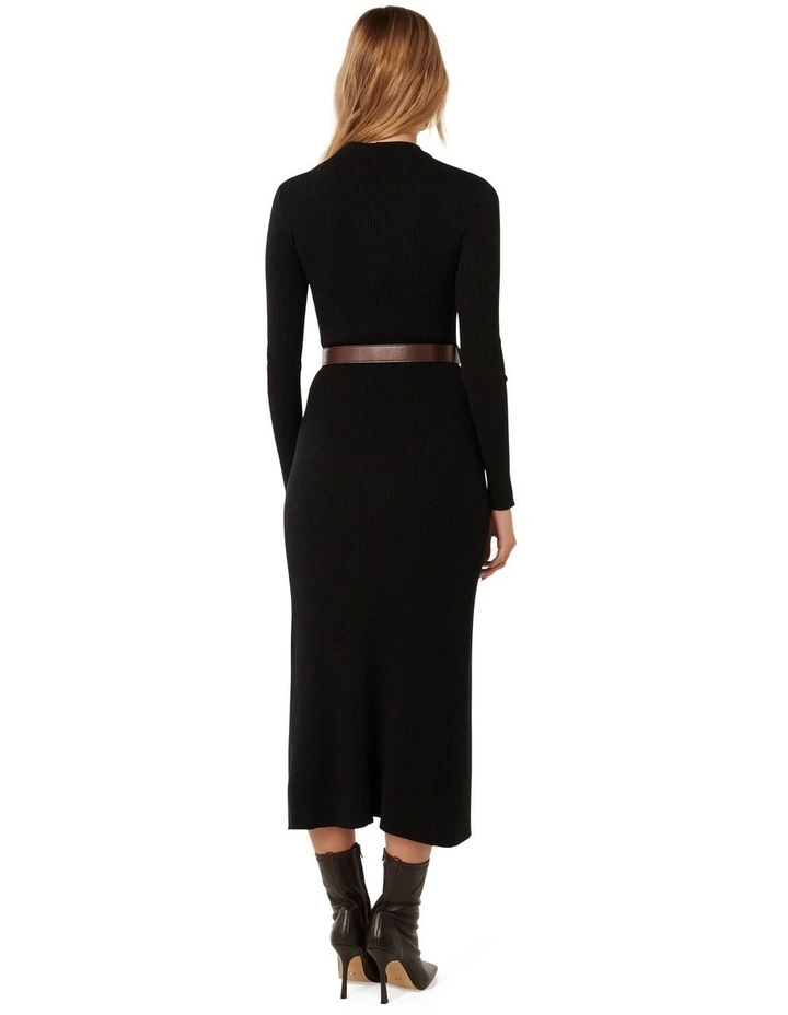 Luisa Fit and Flare Belted Midi Dress in Black image 2