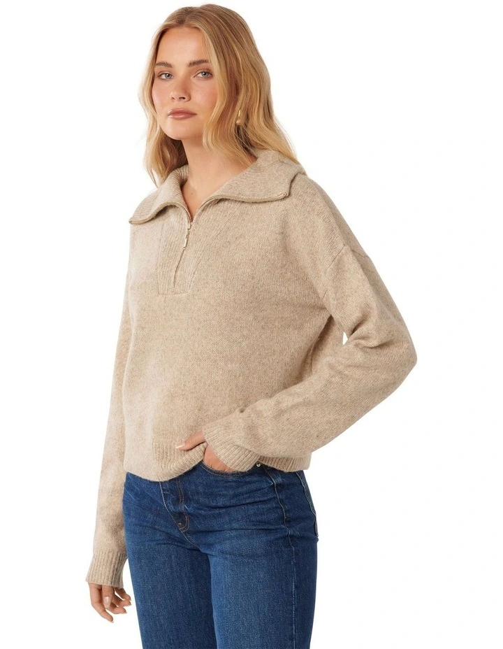 Josie 3/4 Zip Puller Knit Jumper in Beige image 3